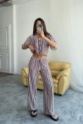 ÇİZGİLİ CROP GÖMLEK - SALAŞ PANTOLON TAKIM MODAL - Bordo resmi